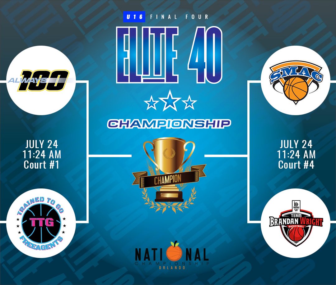 FINAL FOUR SHOWDOWN! 
2025 16U
Tomorrow- 🏆 Monday- we’re playing for 👑 only! 
<a href="/Always100_TMH/">Always 100 Basketball</a> 
<a href="/TTG_FREEAGENTS/">TTG FREAGENTS</a> 
<a href="/SMACBasketball/">SMAC Basketball</a> 
<a href="/bwrighthoops/">Team BWright Hoops</a> 
#Elite40League