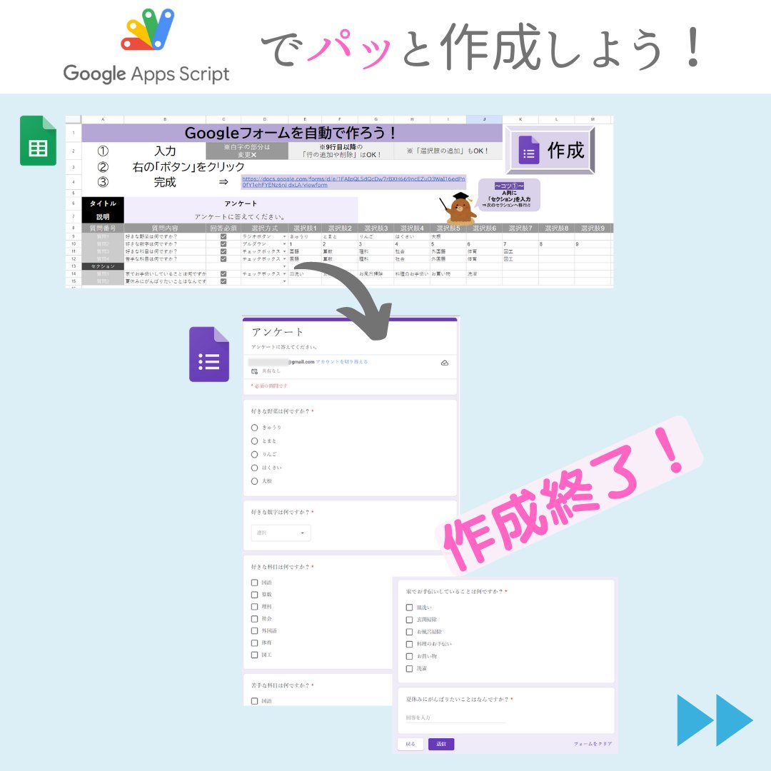 14_yussan's tweet image. 【フォームの自動作成を活用しよう!】
Googleフォームは便利ですが、意外とハードルが高いサービスな気がします。
ぜひ、使い始めの一歩として使用してみて下さい。
#Googleカレンダー #googleスプレッドシート #googleappscript #先生のホワイト化計画