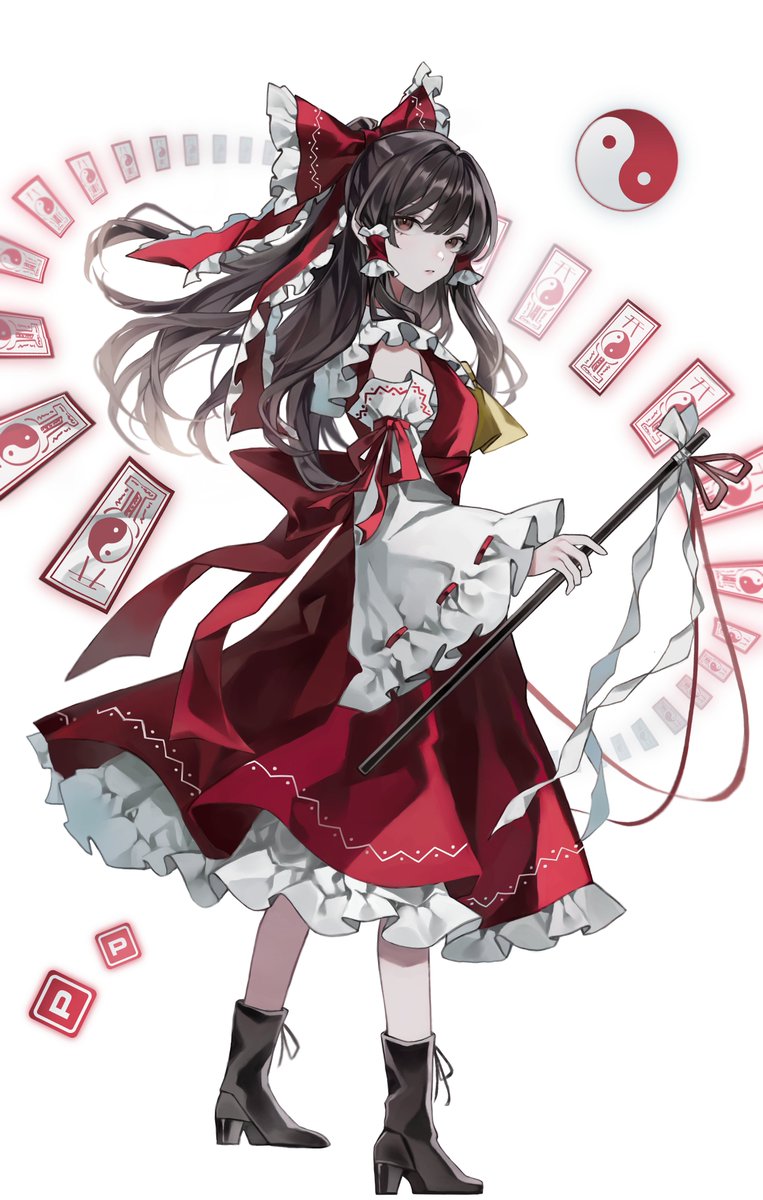 hakurei reimu 1girl solo gohei bow red bow detached sleeves yin yang  illustration images