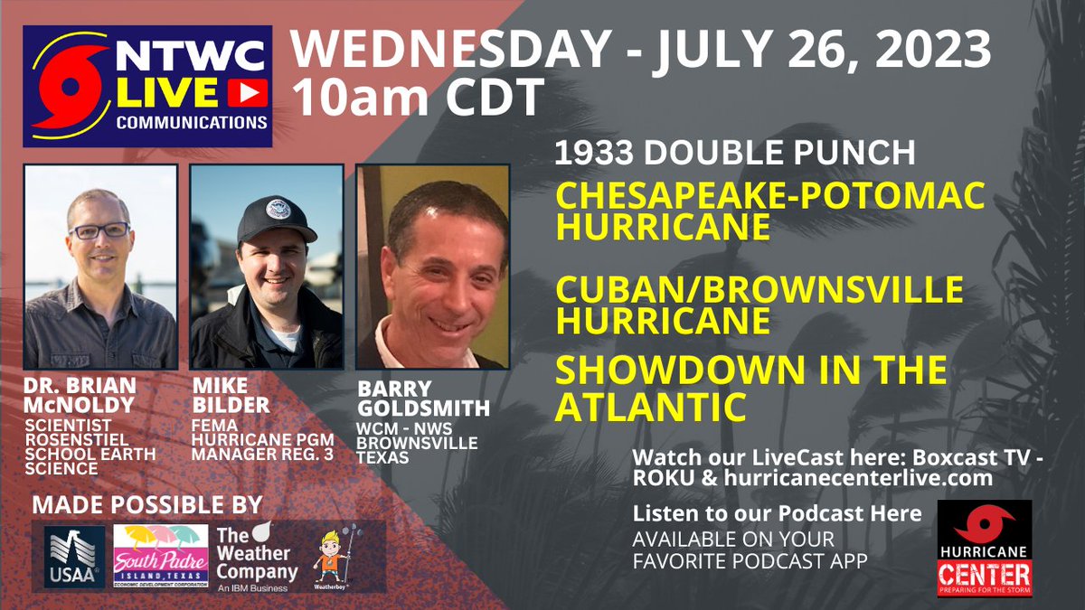 The 1933 Hurricane Double Punch and the Big Showdown in the Atlantic. Join us on Wednesday. <a href="/USAA/">USAA</a> @VisitSouthPadre <a href="/weathercompany/">Forecaster</a> <a href="/theWeatherboy/">the Weatherboy</a>
<a href="/IBHS_org/">Insurance Institute for Business & Home Safety</a> 
Subscribe here: bit.ly/NTWCLive
Watch here: bit.ly/HurricaneCente…
Listen here: hurricanecenter.buzzsprout.com