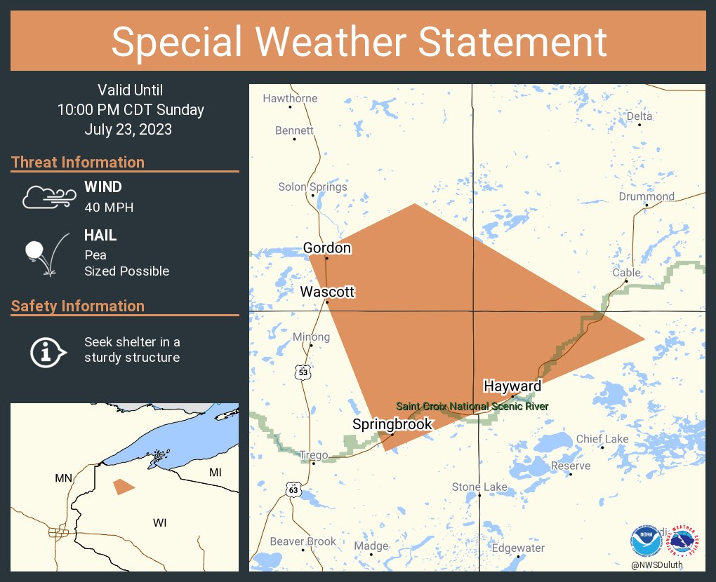 A special weather statement has been issued for Hayward WI, Gordon WI and  Springbrook WI until 10:00 PM CDT https://t.co/6F4Vj0BP8m