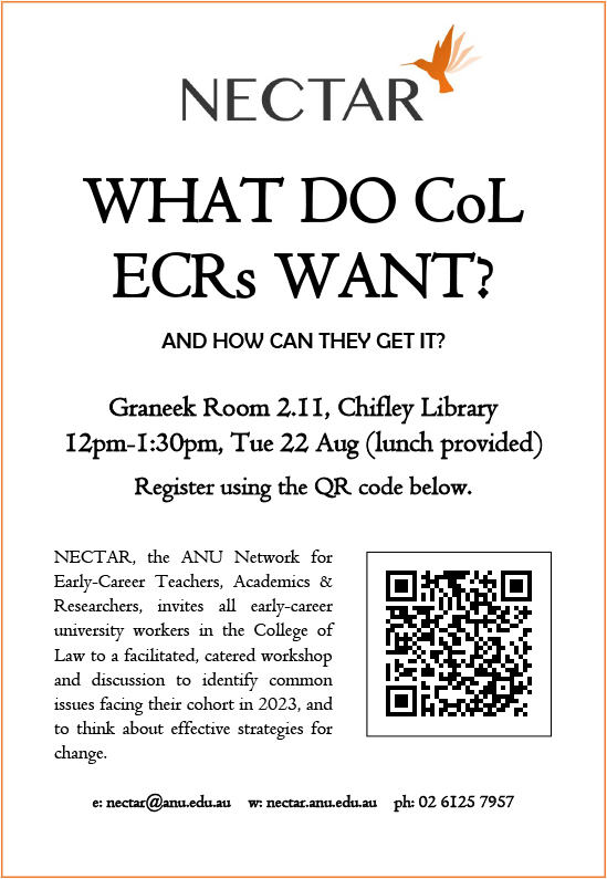 👩‍⚖️What do <a href="/ANU_Law/">ANU Law School</a> ECRs want? (And how can they get it?)👀

NECTAR's free catered workshop/discussion for College of Law-based early-career university folk is on Tuesday 22 August. 

Register now! anu.au1.qualtrics.com/jfe/form/SV_cO…