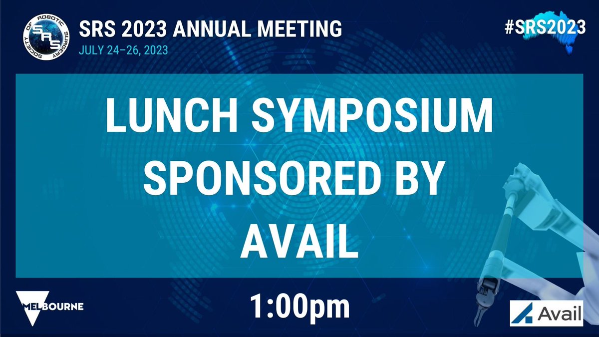 Society of Robotic Surgery | SRS (@socroboticsurg) on Twitter photo The Lunch Symposium sponsored by <a href="/AvailMedsystems/">Avail Medsystems</a> is starting in 5 minutes in room 210-211! Join Avail CEO Daniel Hawkins and Dr. Fred Moll for "An Ecosystem Built on Telepresence: How Industry & Healthcare Will Work Together to Maximize the Future of Surgical Robotics" #SRS2023 The Lunch Symposium sponsored by <a href="/AvailMedsystems/">Avail Medsystems</a> is starting in 5 minutes in room 210-211! Join Avail CEO Daniel Hawkins and Dr. Fred Moll for "An Ecosystem Built on Telepresence: How Industry & Healthcare Will Work Together to Maximize the Future of Surgical Robotics" #SRS2023