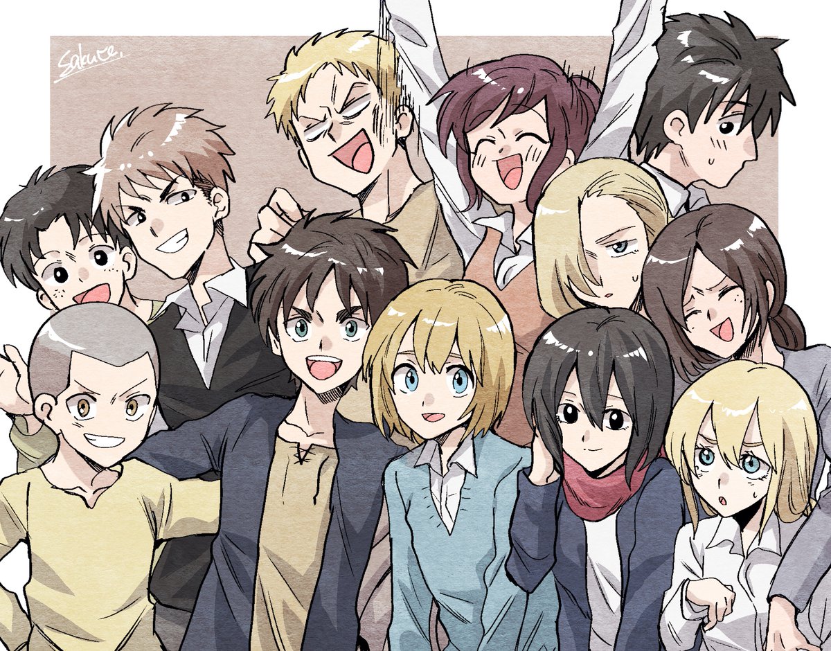 annie leonhardt ,armin arlert ,christa renz ,eren yeager ,mikasa ackerman ,reiner braun ,ymir (shingeki no kyojin) multiple girls multiple boys blonde hair brown hair short hair black hair smile  illustration images