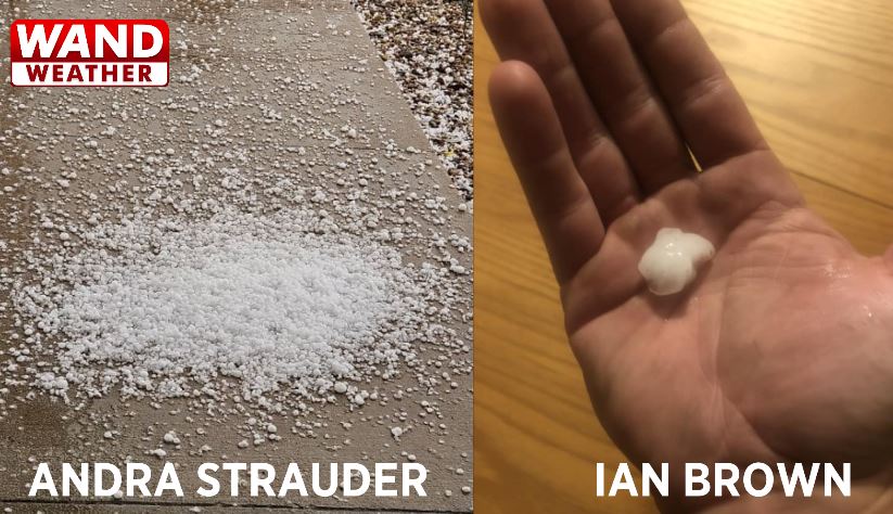 From Chatham to Bethany, communities were reporting hail. Some were small, others did damage to cars. Here's just two photos that we've gotten so far. The one to the left is from Chatham and the one to the right is from Dalton City. #ILwx

@nwslincolnil
