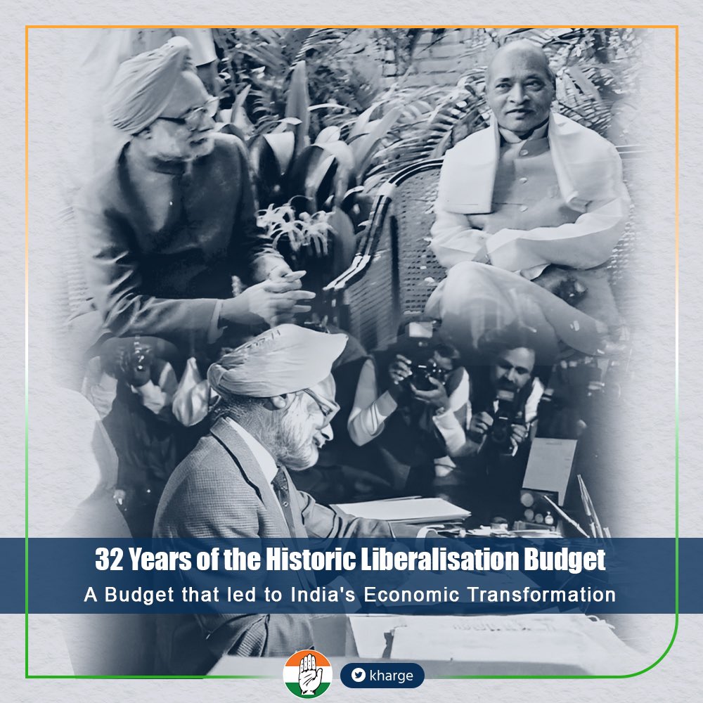 kharge's tweet photo. The 1991 Liberalisation Budget marked a momentous occasion for India and its people.

Under the guidance of P. V. Narasimha Rao and the then Finance Minister, Dr. Manmohan Singh, India embarked on a transformative journey with a series of economic reforms that played a pivotal role in shaping the middle class for generations to come.

The Congress party holds great pride in its significant achievement of Economic Liberalisation, which facilitated India's growth and lifted crores of people out of poverty and oppression. 

This landmark initiative remains a testament to the nation's progress and prosperity. #EconomicReforms