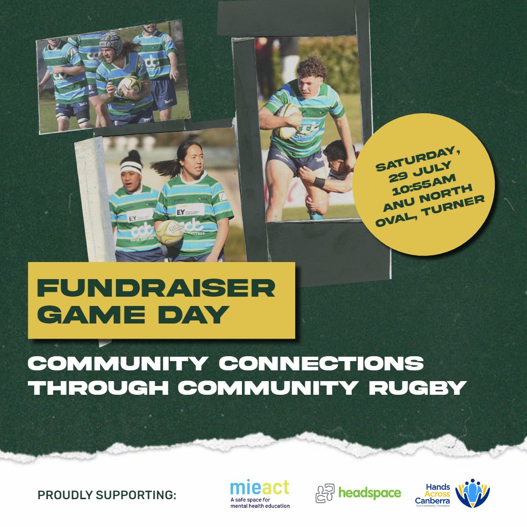 You're invited to the 🏉 Uni Norths Owls Rugby Club FUNDRAISER GAME DAY this Saturday, 29 July, at 10:55am.
The Owls will fundraise for headspace Canberra, Hands Across Canberra and MIEACT. 
🙏 Owls 🦉 
Location: ANU North Oval, Turner.