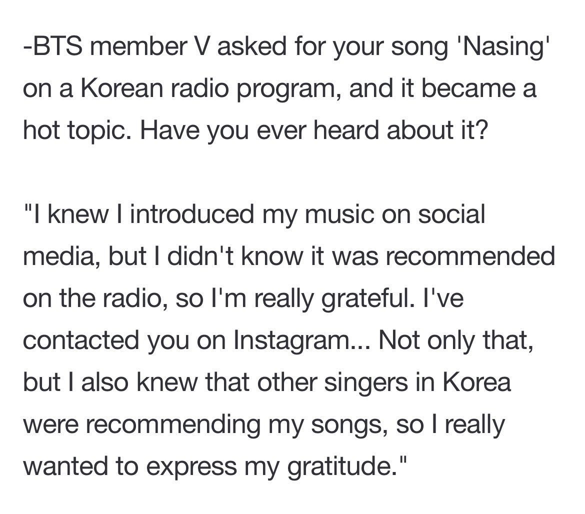 KTH_Facts's tweet photo. [INFO] Bruno Major was interviewed by Kmedia, he mentioned that he’s contacted Taehyung through IG dms before. 

BTS V asked for your song "Nothing" on a Korean radio program and it became a hot topic. Have you heard about it?

"I knew he had introduced my music on social media, but I didn't know he recommended it on the radio, so I'm really grateful. We have contacted each other through Instagram before…”