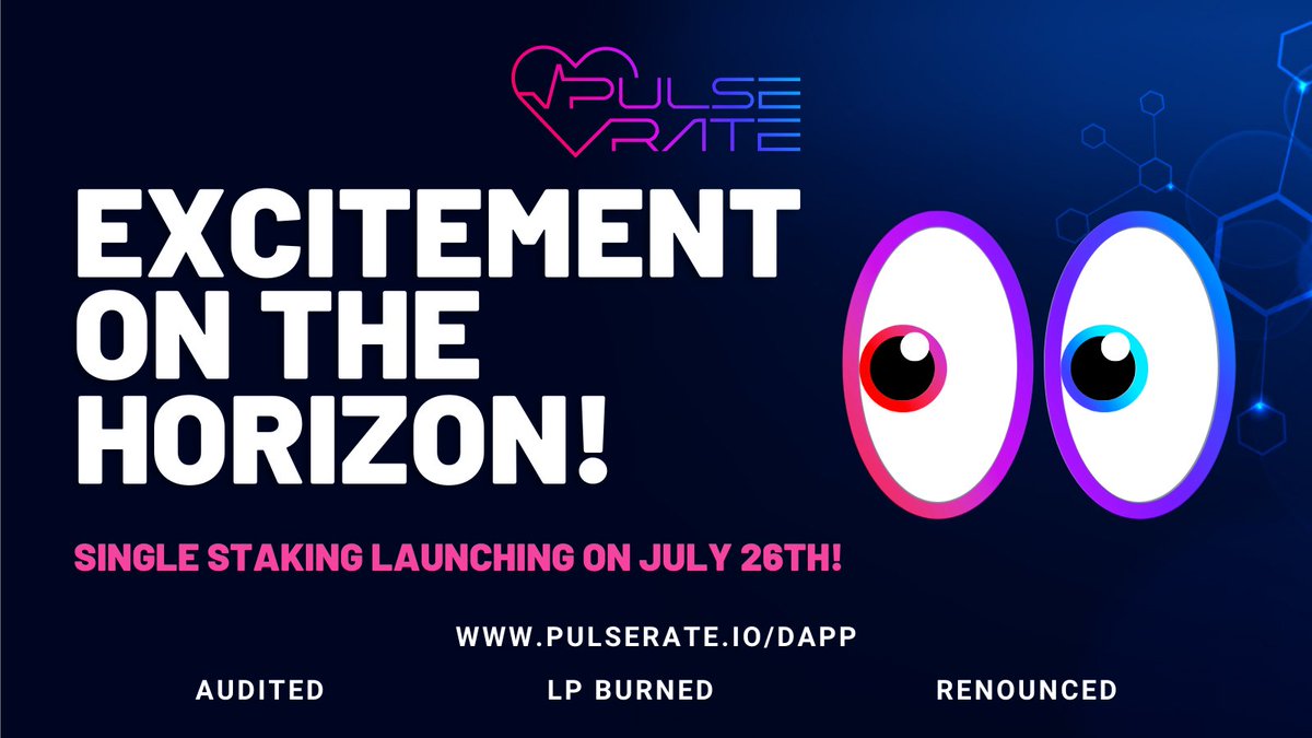 EXCITING WEEK AHEAD!

🥳 Collect those rewards and get your $PRATE ready! We have an Exciting Week On The Horizon! On July 26th at 5PM UTC the Single Staking Rewards will go LIVE!

🤩 Head over to our dApp to get started earning rewards now!
👉 pulserate.io/dapp/?ref=0x4D…

#BTC #PLS