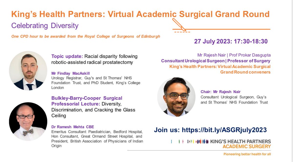 Our next King’s Health Partners: Virtual Academic Surgical Grand Round will be held on Thursday 27th July, 5.30pm-6.30pm GMT.

More details are available on the King’s Health Partners website.  This event has also been awarded one CPD hour from the RCSEd.
kingshealthpartners.org/latest/events/…