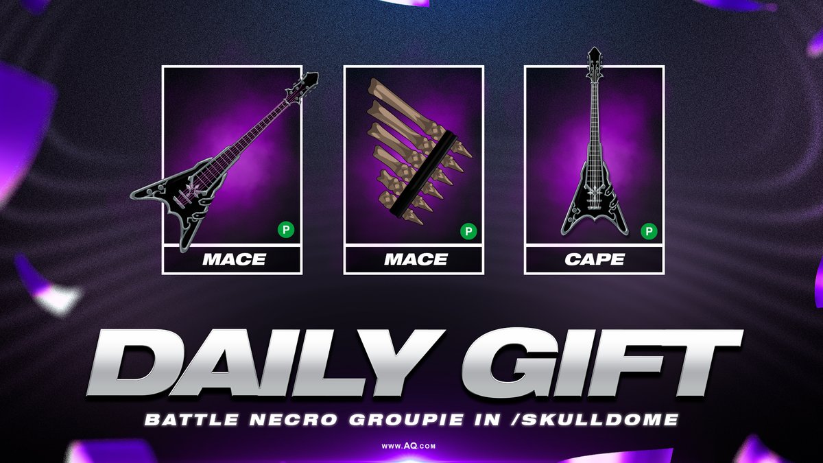 Sunday's Daily Login Gift released at midnight! Have you gotten yours yet? Battle the Necro Groupie in the /skullhall and /skullarena. AQ.com