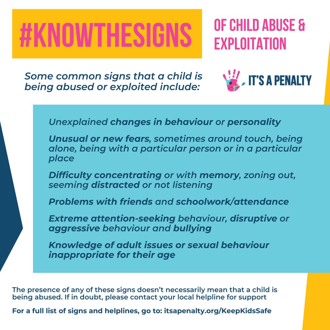 #KnowTheSigns when a child is being abused and know how to report it. Together, we can make a difference and protect our future generation of athletes. ⚽

#SafeguardingInSport #keepkidssafe #teamsafesport #FIFAWWC