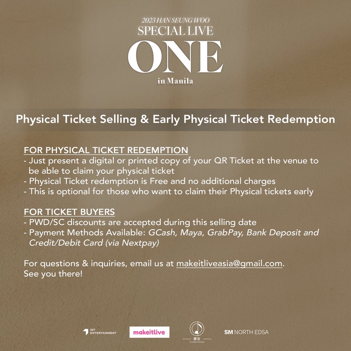 [#HANSEUNGWOOinMNL] #ICYMI - Han Seung Woo is headed to Manila for his Special Live this August 20, 2023 at the SM North Edsa Skydome! 

Make sure to get tickets via makeitlive.asia or join us at the Physical Ticket Selling Day on July 29, 2023 (see details in the photos)