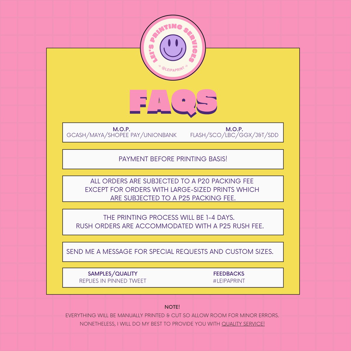 leipaprint's tweet photo. ˗ˏˋ welcome to lei's printing services! ˎˊ˗

╭‧✦‧ 
┊‧୨୧‧ faqs/info
┊‧୨୧‧ rates
┊‧୨୧‧ how to order
┊‧୨୧‧ samples
╰‧✦‧ 

     ⇢  feedbacks: #leipaprint
     ⇢  order form: https://t.co/48hjcruiZl
     ⇢  samples: https://t.co/6bKDJo5Bsh https://t.co/oBOam8PF0t
