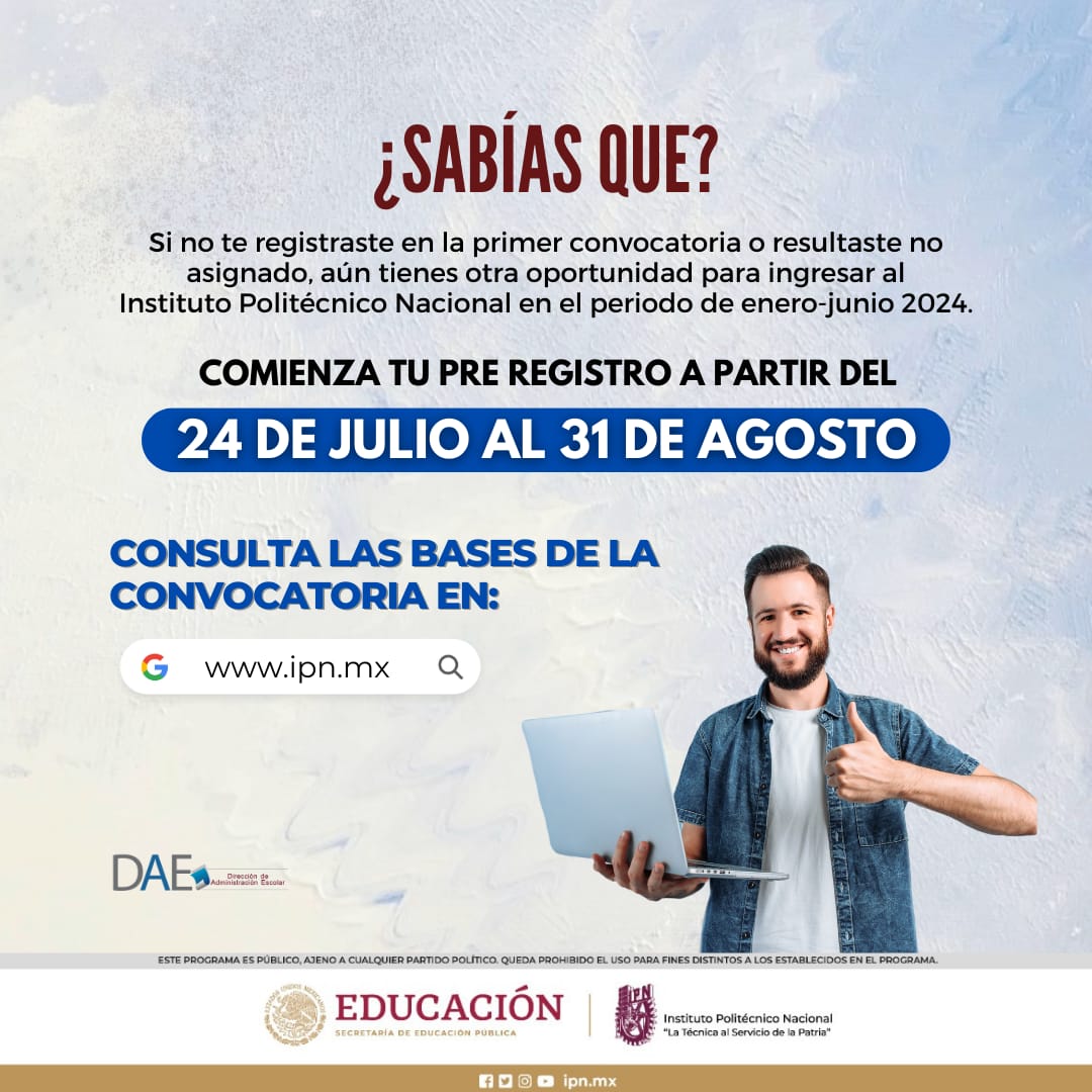 DAE_IPN's tweet photo. 👉🏻 A partir del 24 de julio y hasta el 31 de Agosto, tienes una nueva oportunidad para realizar tu pre registro en línea.
Ingresa a: https://t.co/fHRLoMgnsp para comenzar tus estudios en el periodo enero-junio 2024 🗓️
¡El @IPN_MX te espera! 🙌🏻

#IPN #Huelúm #ProcesoDeAdmision2023 https://t.co/6bvLsVJ4t5