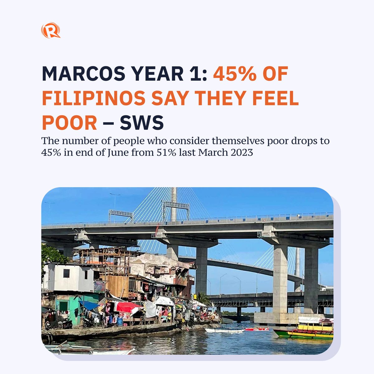 rapplerdotcom's tweet photo. On the eve of #SONA2023, an SWS survey revealed that 45% of Filipinos still feel poor. The survey was released on Sunday, July 23, and was conducted from June 28 to July 1. https://t.co/OLZyzXG4nN https://t.co/UdsoMcIIRS