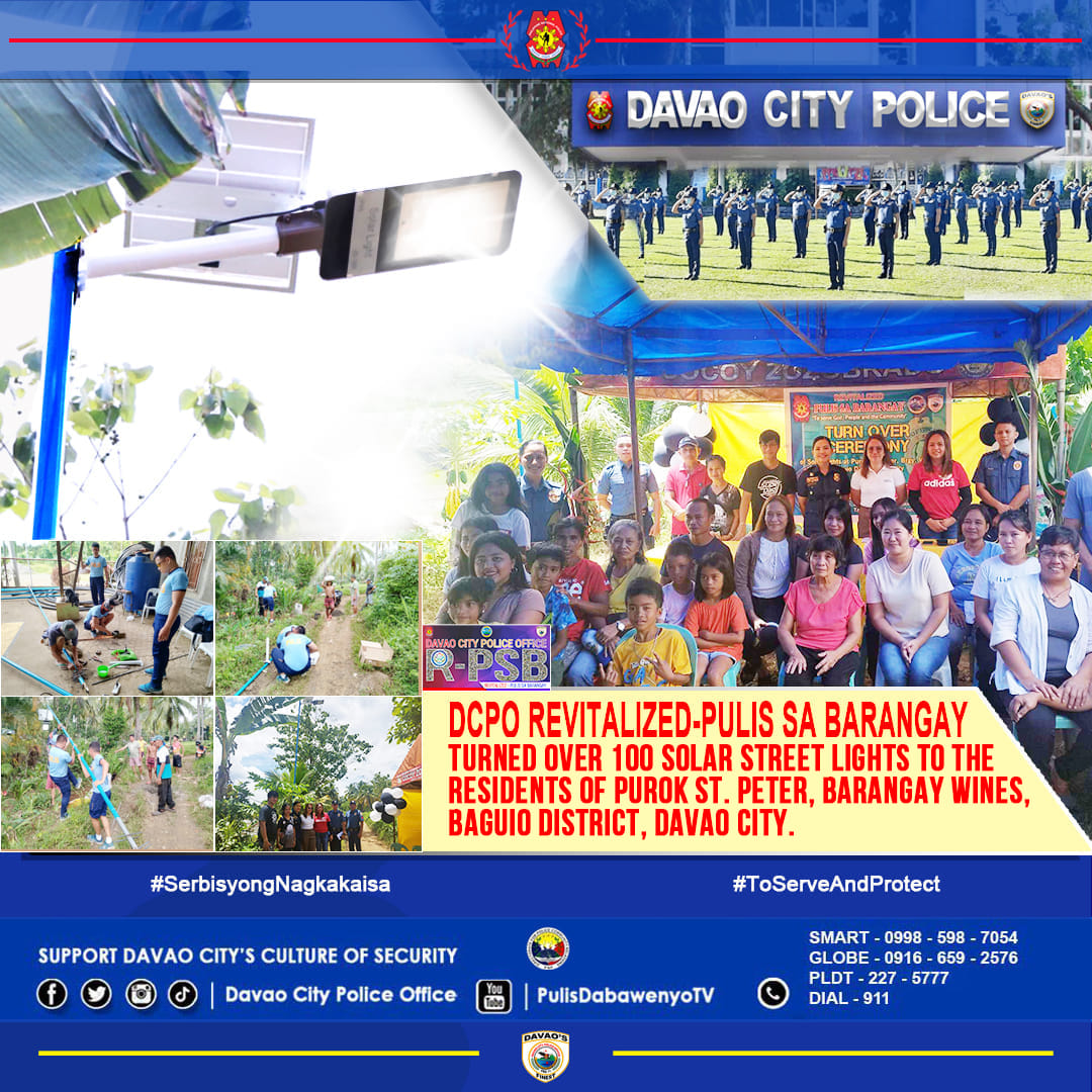 DCPOpcrb's tweet photo. "On July 22, 2023, the Davao City Police Office, Revitalized Pulis sa Barangay Cluster 6, led by PCMS Rommel G Guaza under the supervision of PLTCOL NOLAN R RAQUID, R-PSB Overall Coordinator/Chief, CARMU, conducted the turnover of 10 solar street lights.
#SerbisyongNagkakaisa https://t.co/u2fJjggDdZ