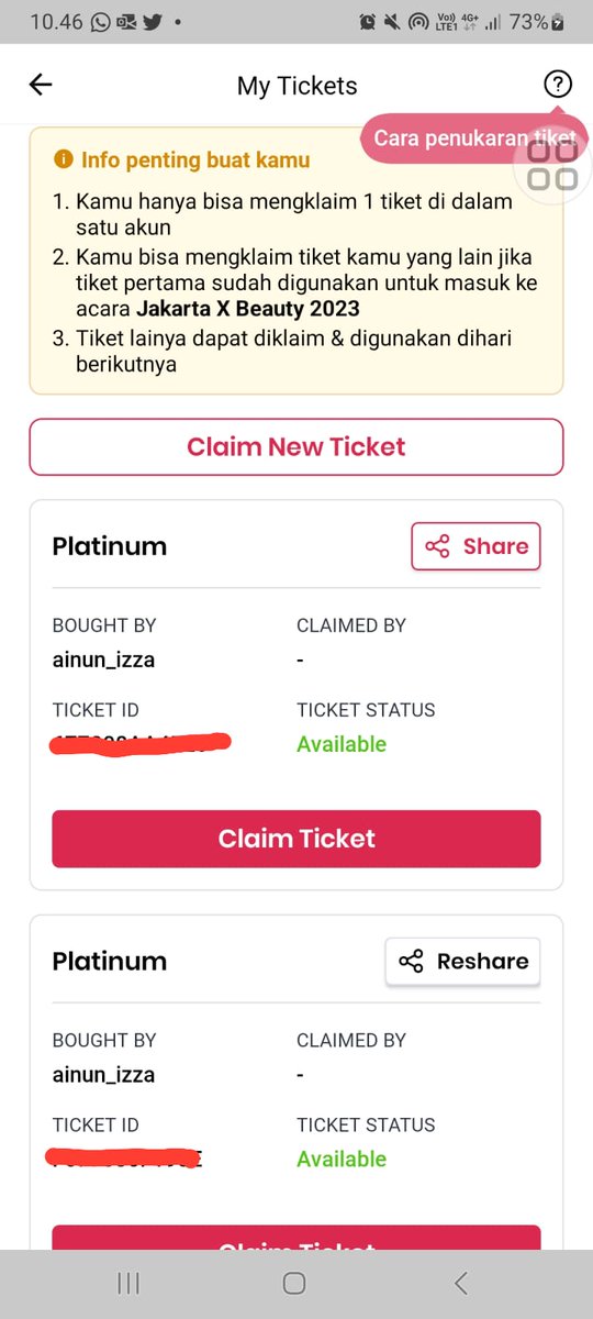 a_izzhd's tweet photo. WTS tiket platinum JXB Jakarta x Beauty 2023. 3 - 6 Agustus 2023.

IDR. 125.000
Free pas 4 days + goodiebag.
(Ada 2 tiket)

Dijual gara2 dobel beli sm temen pas presale.  
Klo ga bs dtg dan mau goodiebag aja nanti bs aku bantu kirim ke alamat kalian. #wts #jakartaxbeauty https://t.co/RUKuqj5g0F