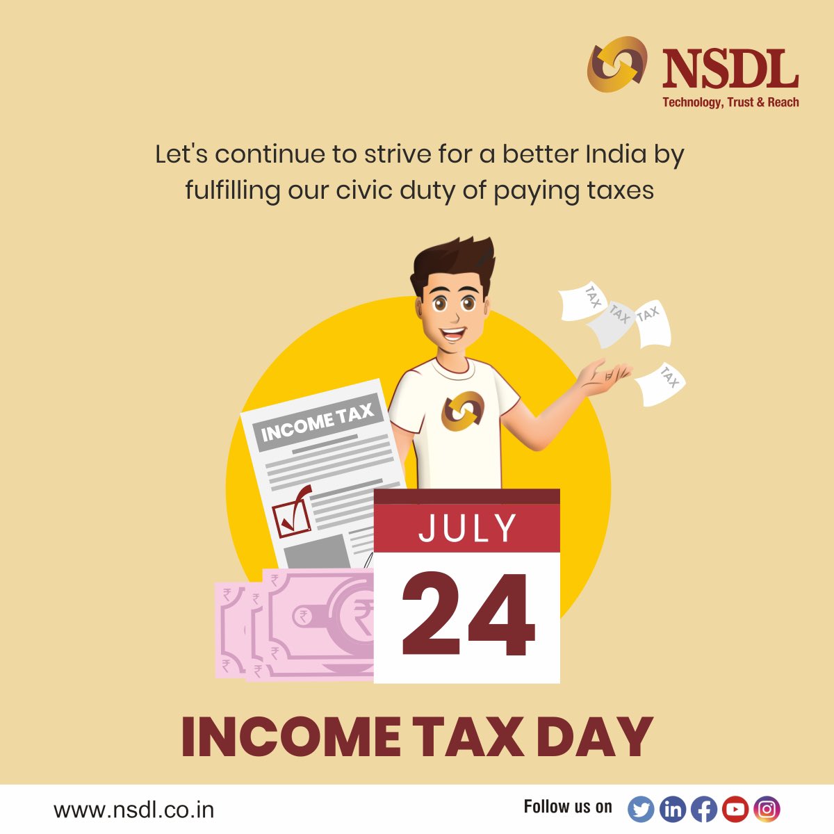 Wishing you all a Happy Income Tax Day! Let's stay compliant, contribute to the nation's growth, and build a bright future together.

#IncomeTaxDay #PayYourTaxes #TaxCompliance #IncomeTax2023 #FinancialResponsibility #TaxPayerPride #BuildingTheNation #ContributeToGrowth #nsdl…