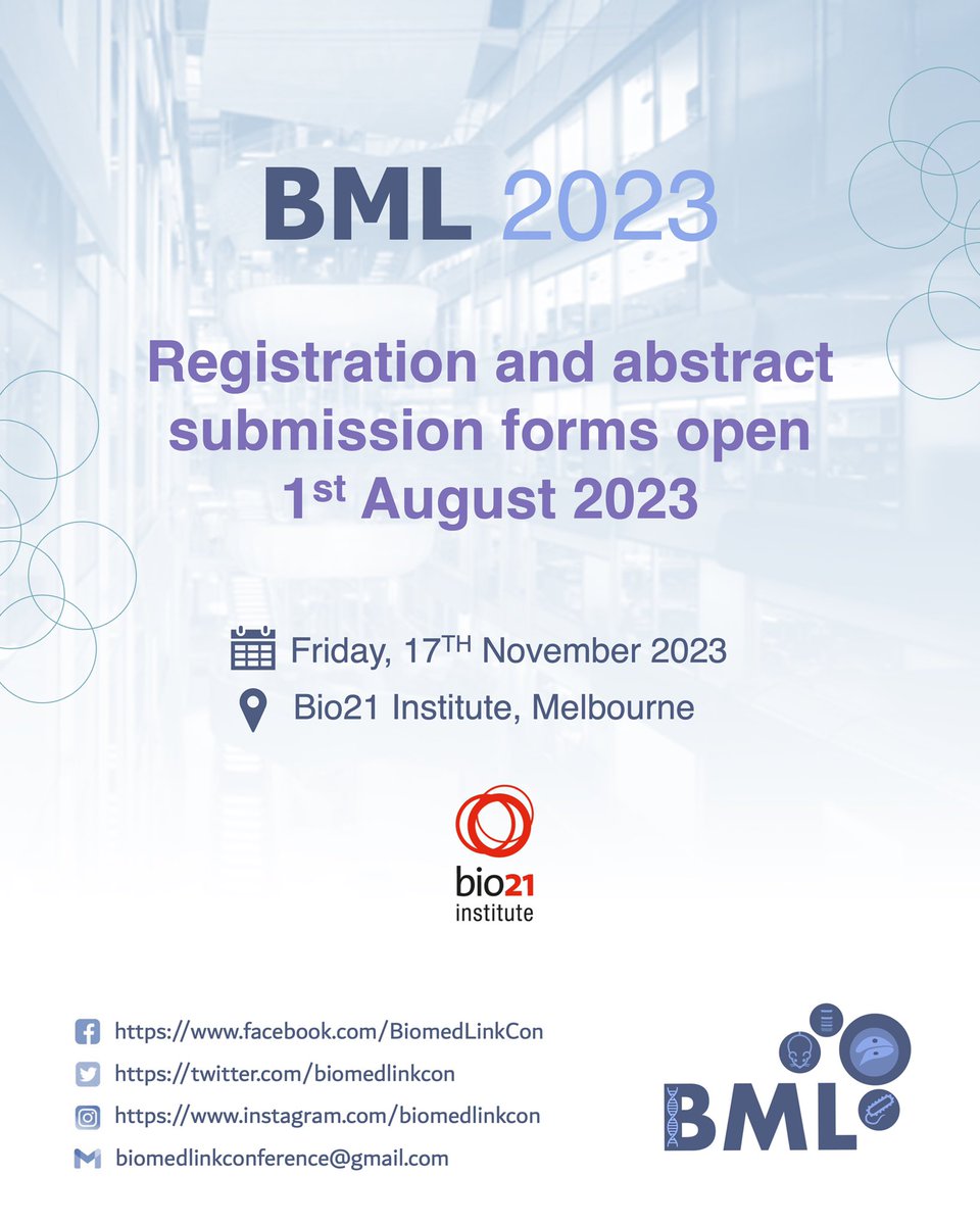 📢SAVE THE DATE AND SPREAD THE WORD

Registration and abstract submission for Biomed Link Student Conference 2023 open soon (1st August).

Share this post with your peers and remember that registration for BML23 is free. 

#BiomedLink2023 <a href="/Bio21Institute/">Bio21 Institute</a>