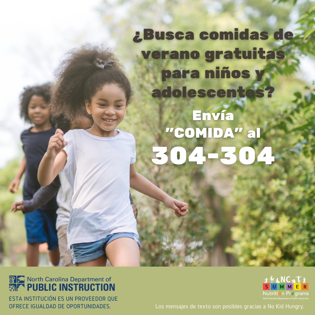 ¿Está buscando #NCComidasDeVeranogratuitas para niños y adolescentes?
- Use el mapa del buscador de sitios de Carolina del Norte, bit.ly/3MhnX1S.
- Envíe COMIDA al 304-304.
- Consulte el sitio web de su distrito escolar local, las redes sociales u otras comunicaciones.