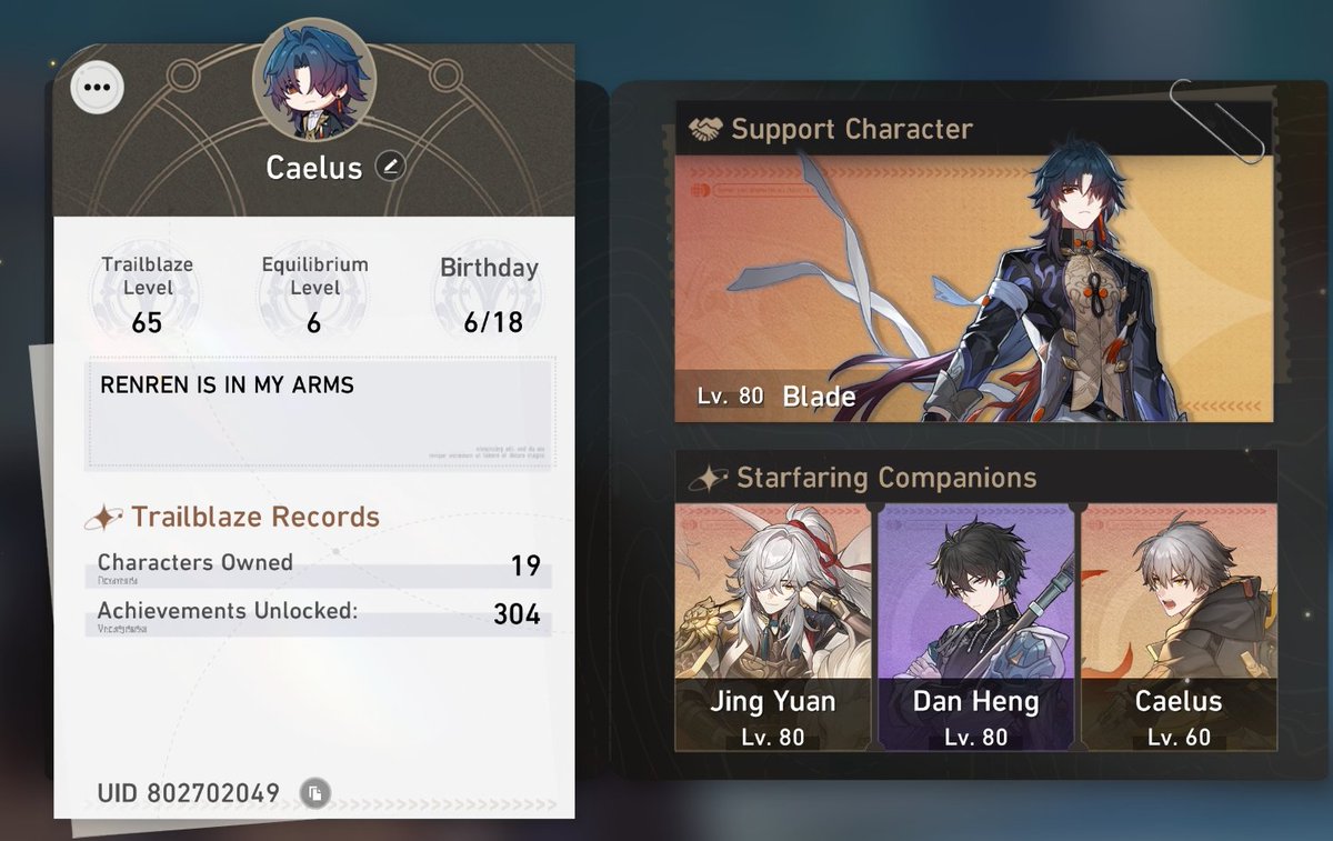 Oh hi i.m on the wrong acc. Um. Add me on star rail 802702049 Ren on support for 1 day only bc my friends requested i keep jing yuan on for farming purposes