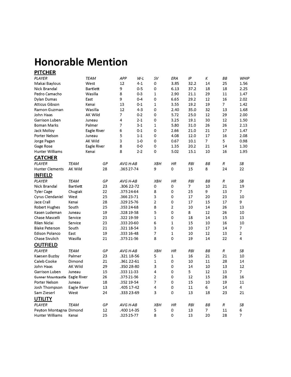 The 2023 Team of Excellence was announced today.

These players were picked First Team at two positions:
Charlie Chamberlain (P, INF)
Hunter Christian (P, INF)
Owen Hickman (P, UTL)
Liam Lierman (P, INF)
Chase Mathews (P, OF)
Jake Rafferty (P, INF)