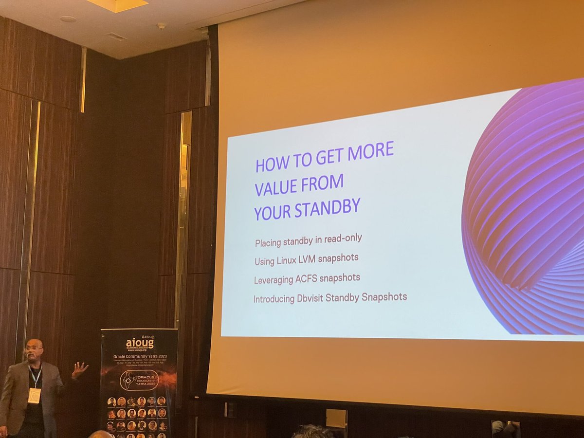 dbvisit's tweet image. Reflecting on an incredible day one &amp;amp; two at #AIOUG OCYatra 2023! 🎉 Our Head of Customer Services, Vijay, delivered a fantastic presentation on unlocking the hidden potential of an Oracle SE standby database. 

#OracleSE #AIOUG2023 #DayOneRecap