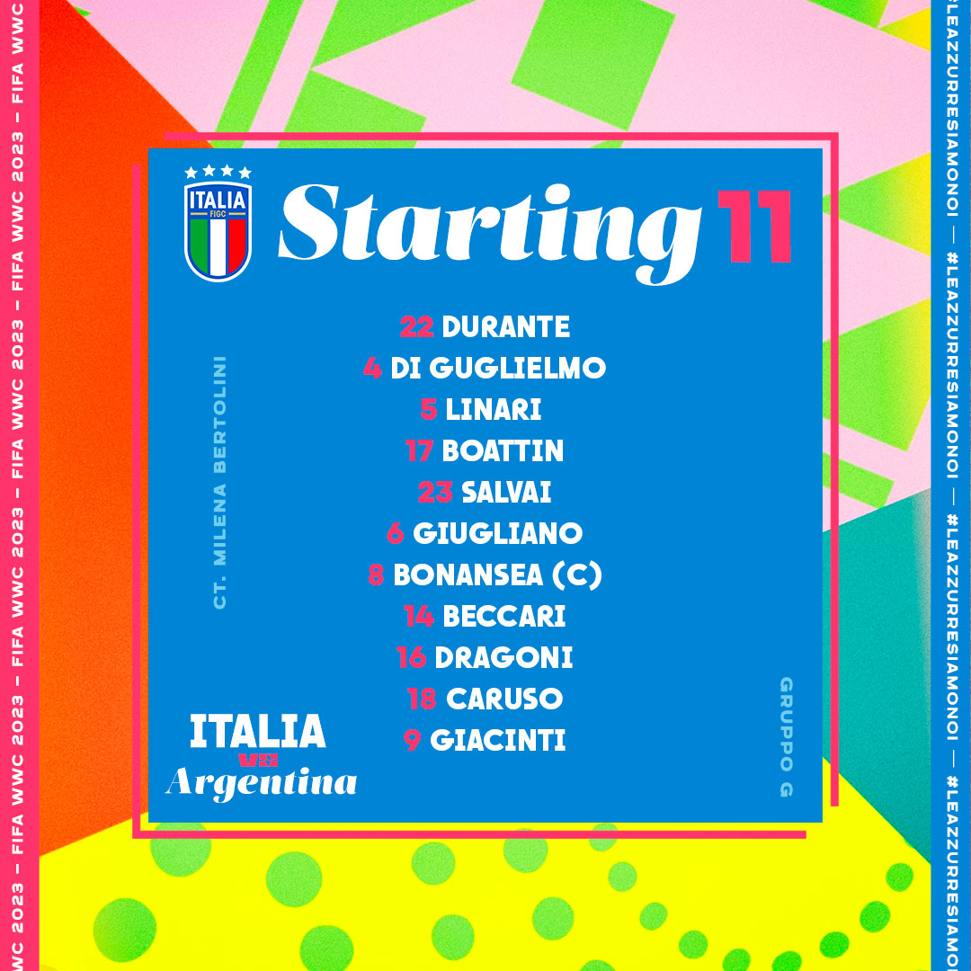 𝑭𝑰𝑭𝑨 𝑾𝒐𝒎𝒆𝒏'𝒔 𝑾𝒐𝒓𝒍𝒅 𝑪𝒖𝒑 🌏

Le 11 #Azzurre 💙 scelte dalla Ct Bertolini per

🇮🇹 Italia 🆚 Argentina 🇦🇷

⏱ 8.00 AM
🏟 Eden Park - Aukland
📺 Rai 1
📻 Rai Radio 1

#FIFAWWC #ITA #ItaliaArgentina
#Nazionale #Azzurre #LeAzzurreSiamoNoi