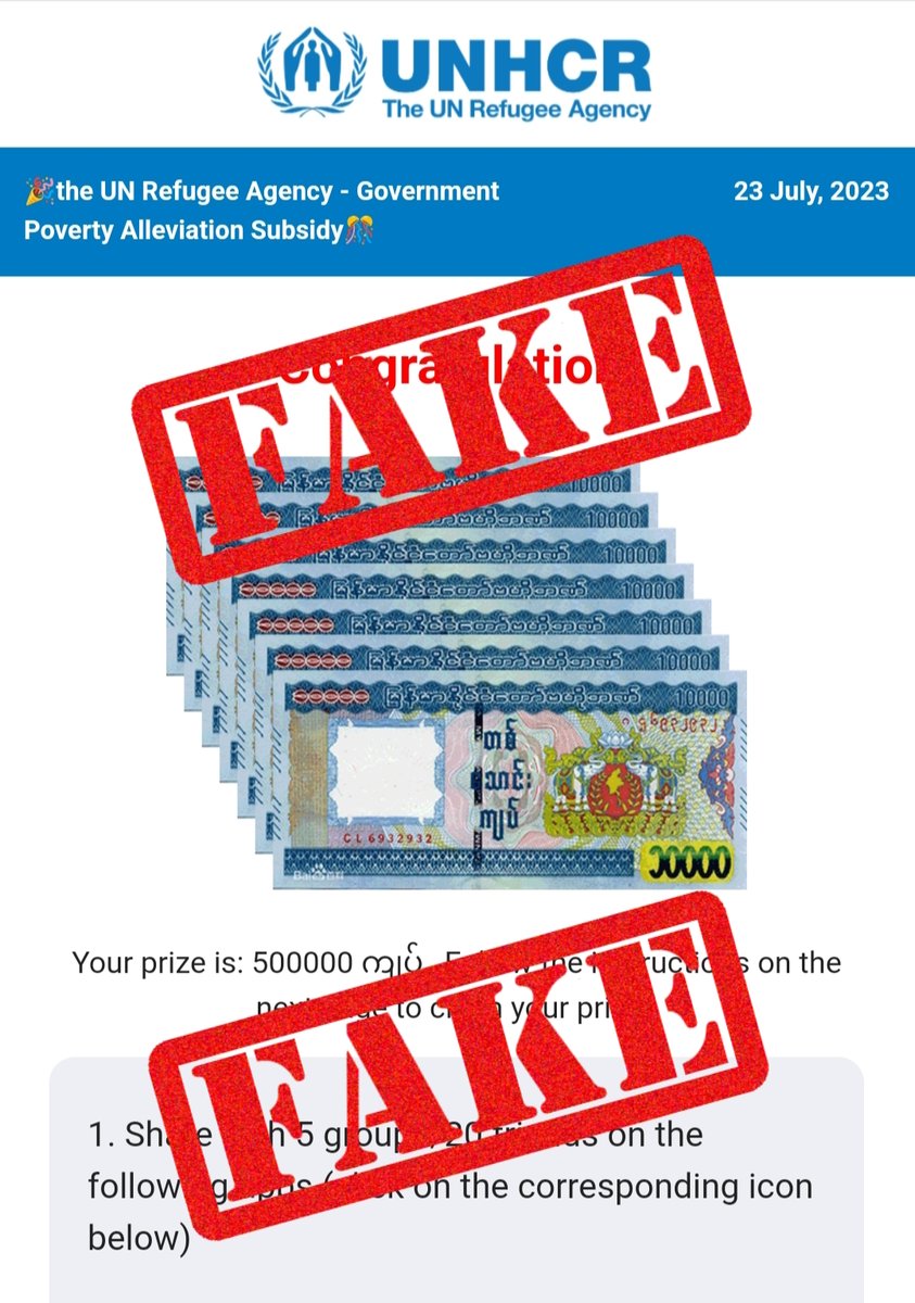 UNHCRMyanmar's tweet photo. ⚠️အကြံပြုချက်⚠️

UNHCR ဟု အယောင်ဆောင်ထားသော ဝဘ်ဆိုဒ်အတုများ ရှိပါသည်။  

UNHCR သည် ဆုများ သို့မဟုတ် လက်ဆောင်များပေးခြင်းမပြုလုပ်ပါ။ “အစိုးရဆင်းရဲနွမ်းပါးမှု လျှော့ချရေး ထောက်ပံ့ကြေး” ဆိုသည့်အကြောင်းအရာမျိုးမပြုလုပ်ပါ။  

ယင်းကဲ့သို့သော ဝဘ်ဆိုဒ်များကိုသတိထားပါ။🚨[1/2] https://t.co/L5TzdbntDN