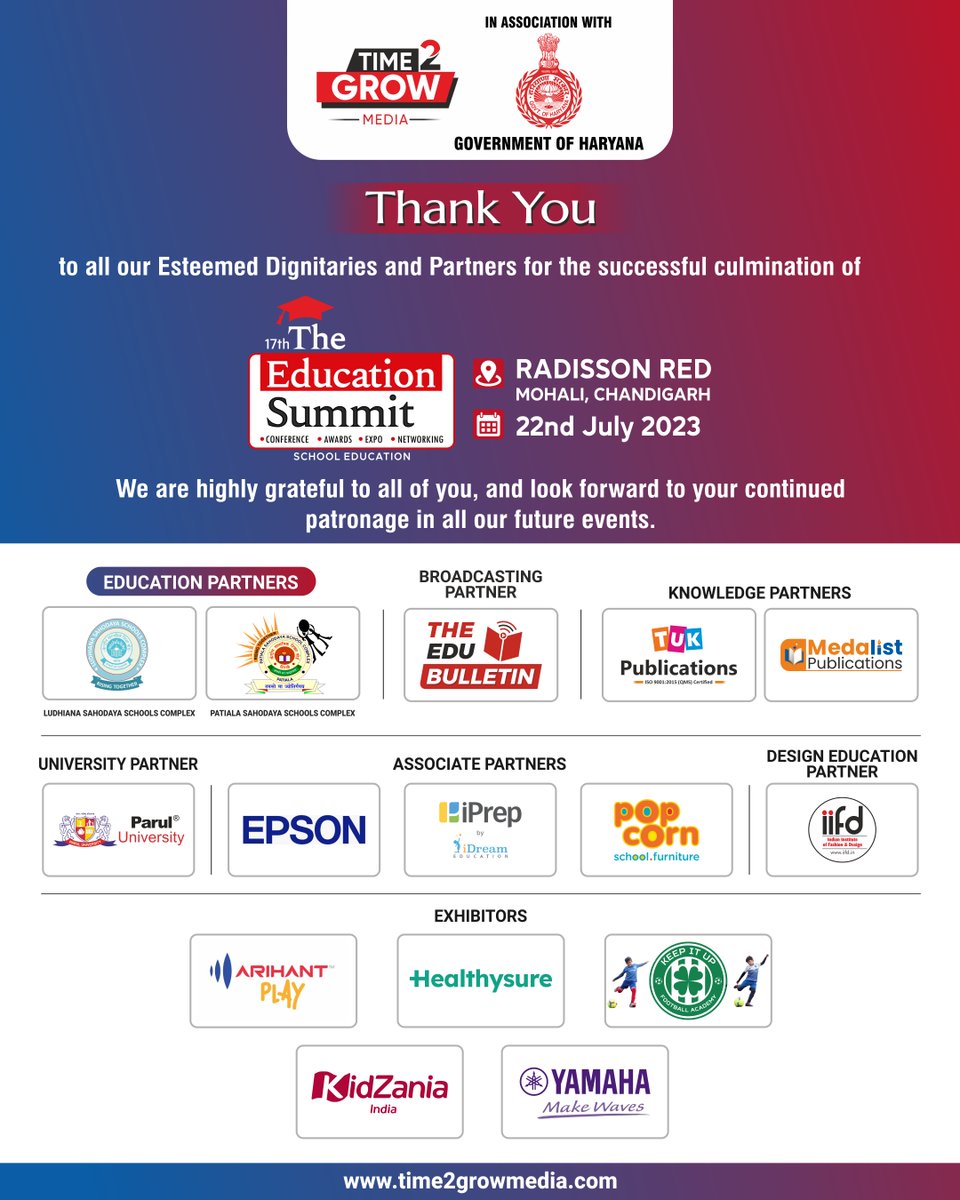 𝐓𝐡𝐚𝐧𝐤 𝐘𝐨𝐮 to all our 𝗘𝘀𝘁𝗲𝗲𝗺𝗲𝗱 𝗗𝗶𝗴𝗻𝗶𝘁𝗮𝗿𝗶𝗲𝘀 &amp; 𝗣𝗮𝗿𝘁𝗻𝗲𝗿𝘀 for the successful culmination of the 𝟭𝟳𝘁𝗵 𝗘𝗱𝗶𝘁𝗶𝗼𝗻 of #TheEducationSummit in #Chandigarh.
.
.
.
#Time2GrowMedia #Time2Grow #TESChandigarh <a href="/DiprHaryana/">DPR Haryana</a> <a href="/nipunharyana/">Nipun Haryana Mission</a> <a href="/mygovharyana/">MyGovHaryana</a>