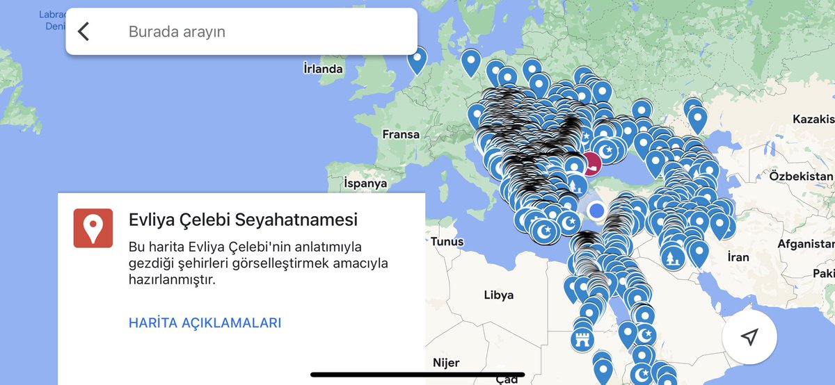 Evliya Çelebi'nin gezip gördüğü yerler Google Haritalar üzerinde işaretlenmiş (pinlenmiş).📍🗺️

Her bir işarete o yer için Seyahatname’sinde yer verdiği notlar yazılmış.

Sizde aşağıdaki linkten inceleyebilirsiniz 👀👇🏻

google.com/maps/d/viewer?…