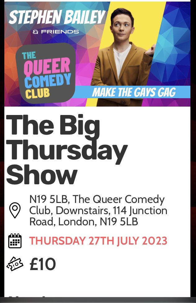 Some big names at our local Queer Comedy Club on Junction Road, anyone been? Anyone going to see <a href="/stephencomedy/">Stephen Bailey</a> this Thursday? queercomedyclub.co.uk/whats-on/