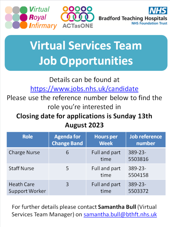 Here's the information for our exciting new roles.  Find us on NHS jobs or contact <a href="/SamanthaBull8/">Samantha Jane 💙💛</a> for more details.