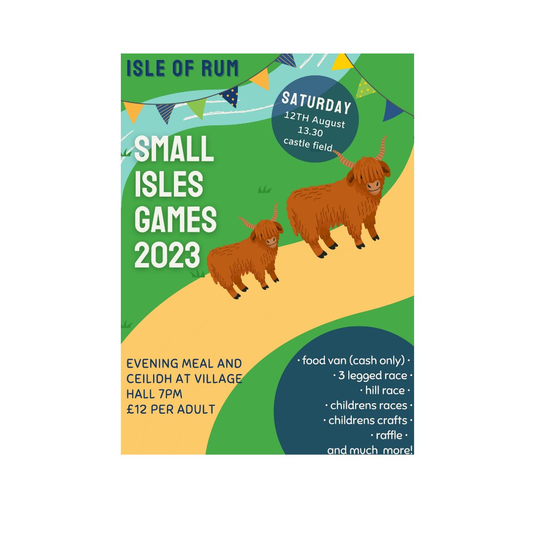 Small Isles Games
Saturday 12th August, starts at about 1.30pm  island time 😉
Lots of fun, food and running around guaranteed.
Ceilidh later (looking forward to it, not had one since before lockdown) with the fabulously named 'Damien Helliwell and the well flung wellies'