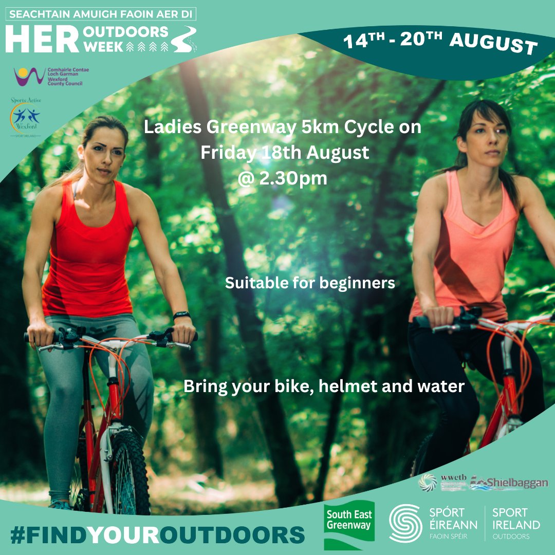 Ladies 5km Cycle at South East Greenway on Friday 18th of August at 2:30pm. The session will be approx. 1.5 hours long. The start of the session will be about cycle safety, followed by a 5km cycle on the Greenway finishing with a tea/coffee Register: bit.ly/3zh49Yb