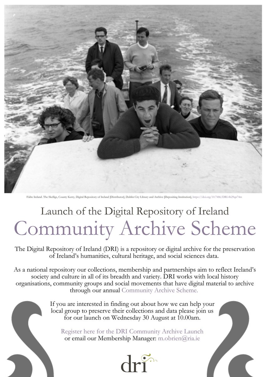 We're thrilled to announce the DRI Community Archive Scheme 2024 will be launched online on 30th August at 10am! Join us for information about the scheme, how to apply & hear reflections from 2022 winners, @tulskhs. All welcome to attend - register here: dri.ie/events/dri-cof…
