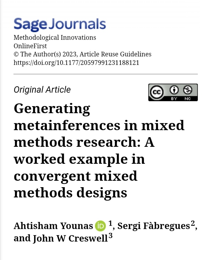 NEW PAPER OUT-- FREE ACCESS 
Are you using #MixedMethods for your research, but not sure what you should do after qualitative and quantitative data are analyzed. We offer a practical seven step process to generate final conclusions (metainferences) journals.sagepub.com/doi/10.1177/20…