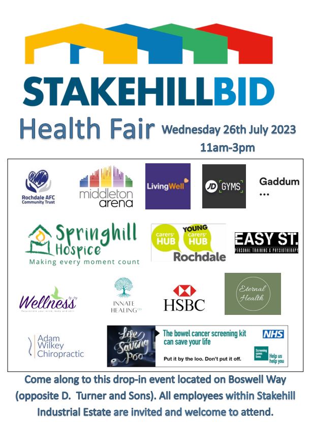 Exciting News! Join us for @StakehillBid's 1st Health Fair.
July 26th 
11:00 AM - 3:00 PM
Stakehill Industrial Estate
Discover a world of wellness and take charge of your health.
Mark your calendars and spread the word! #StakehillHealthFair #WellnessEvent
