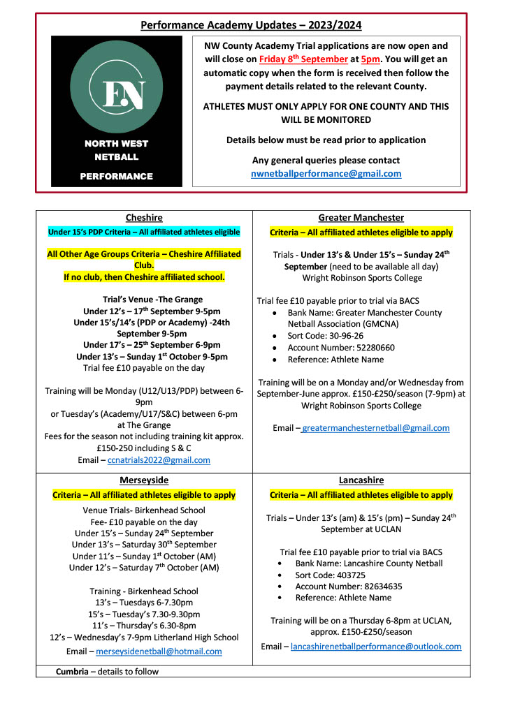 NW_Netball's tweet photo. IMPORTANT: NORTH WEST TRIALS 2023/24 
Please see below for all the details for the 2023/24 Season NW Performance Trials.
Please read the details carefully and remember you can only apply to ONE County
Apply on this link 👇

https://t.co/L9G4Z9bksc
DEADLINE: 5pm on Fri 8th Sep https://t.co/r0FlYJyJqI