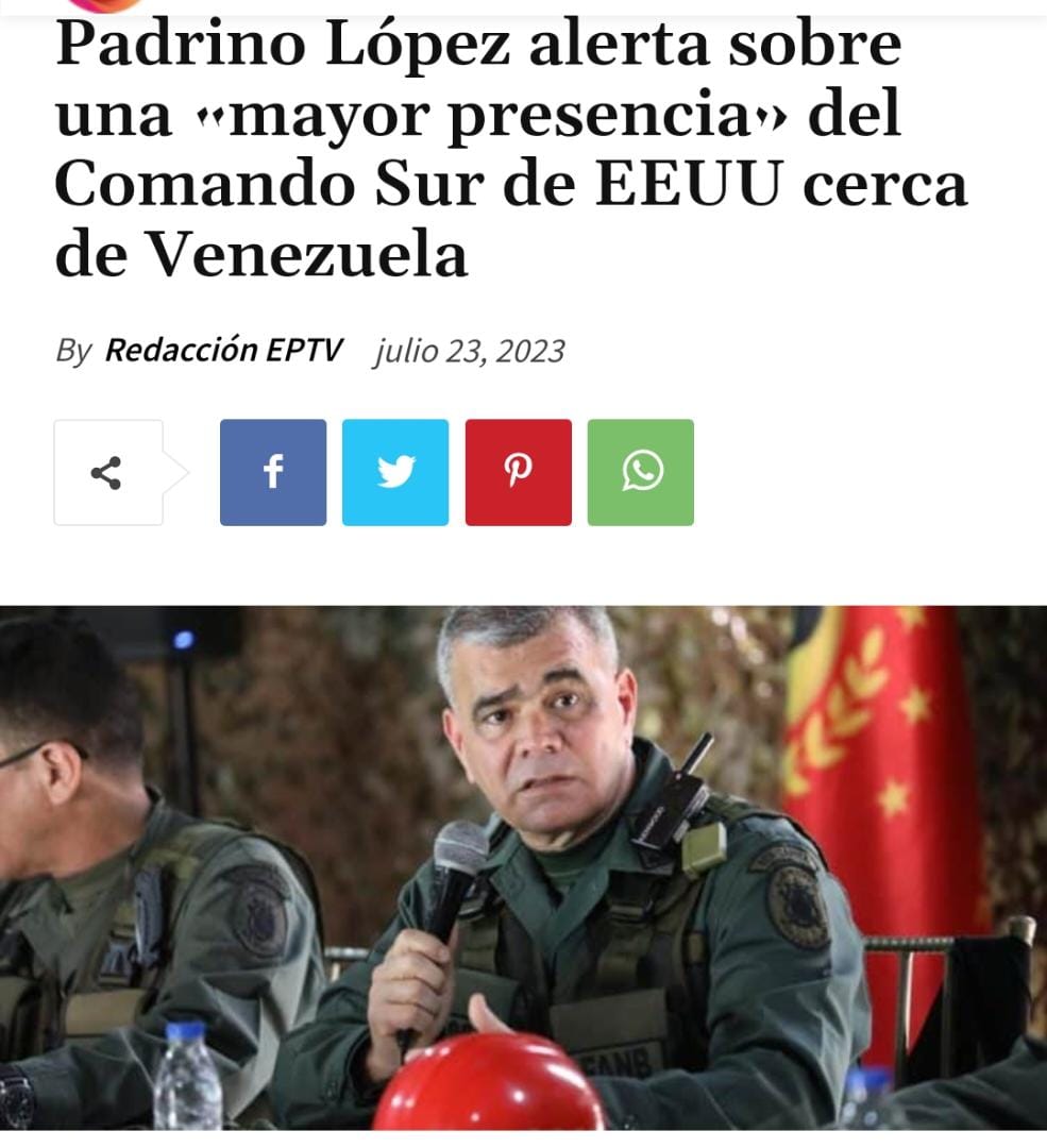🚩 Máxima Alerta
Padrino López alerta sobre una «mayor presencia» del Comando Sur de EEUU cerca de Venezuela
#ALERTA #PadrinoLopez #ComandoSur cerca de #Venezuela <a href="/ActualidadRT/">RT en Español</a>
<a href="/NicolasMaduro/">Nicolás Maduro</a> <a href="/FrenteSergioR/">Frente de Colectivos</a> <a href="/dcabellor/">Diosdado Cabello R</a> <a href="/VTVcanal8/">VTV CANAL 8</a> <a href="/teleSURtv/">teleSUR TV</a> <a href="/LaBunkeB/">Thania la Merideñita</a> <a href="/OncaTvR/">ONCA TvR Irreverente</a>