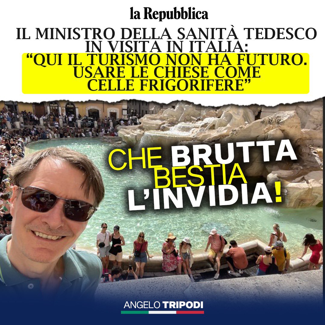 angelo_tripodi's tweet photo. #KarlLauterbach che brutta bestia l’invida! Eppure è così la #fontanaditrevi sullo sfondo! 😂
Peccato che il ministro sembra ignorare che il surriscaldamento globale é un problema mondiale. Magari la Germania  diventerà un deserto! 🐫 

Il nostro turismo non ha eguali. 🇮🇹 https://t.co/l2LDjskSzY