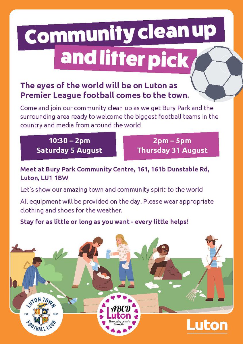 Luton Council (@lutoncouncil) on Twitter photo ⚽Not long now⚽
We're giving the area a spruce up so come and join in if you can – even if you can only spare a bit of time 🧹🤗
<a href="/LutonTown/">Luton Town FC</a> <a href="/ABCD_in_Luton/">ABCD-in-Luton</a> <a href="/lutontownST/">Luton Town ST</a>
👉10.30am to 2pm - Sat 5 Aug
👉2-5pm - Thurs 31 Aug ⚽Not long now⚽
We're giving the area a spruce up so come and join in if you can – even if you can only spare a bit of time 🧹🤗
<a href="/LutonTown/">Luton Town FC</a> <a href="/ABCD_in_Luton/">ABCD-in-Luton</a> <a href="/lutontownST/">Luton Town ST</a>
👉10.30am to 2pm - Sat 5 Aug
👉2-5pm - Thurs 31 Aug
