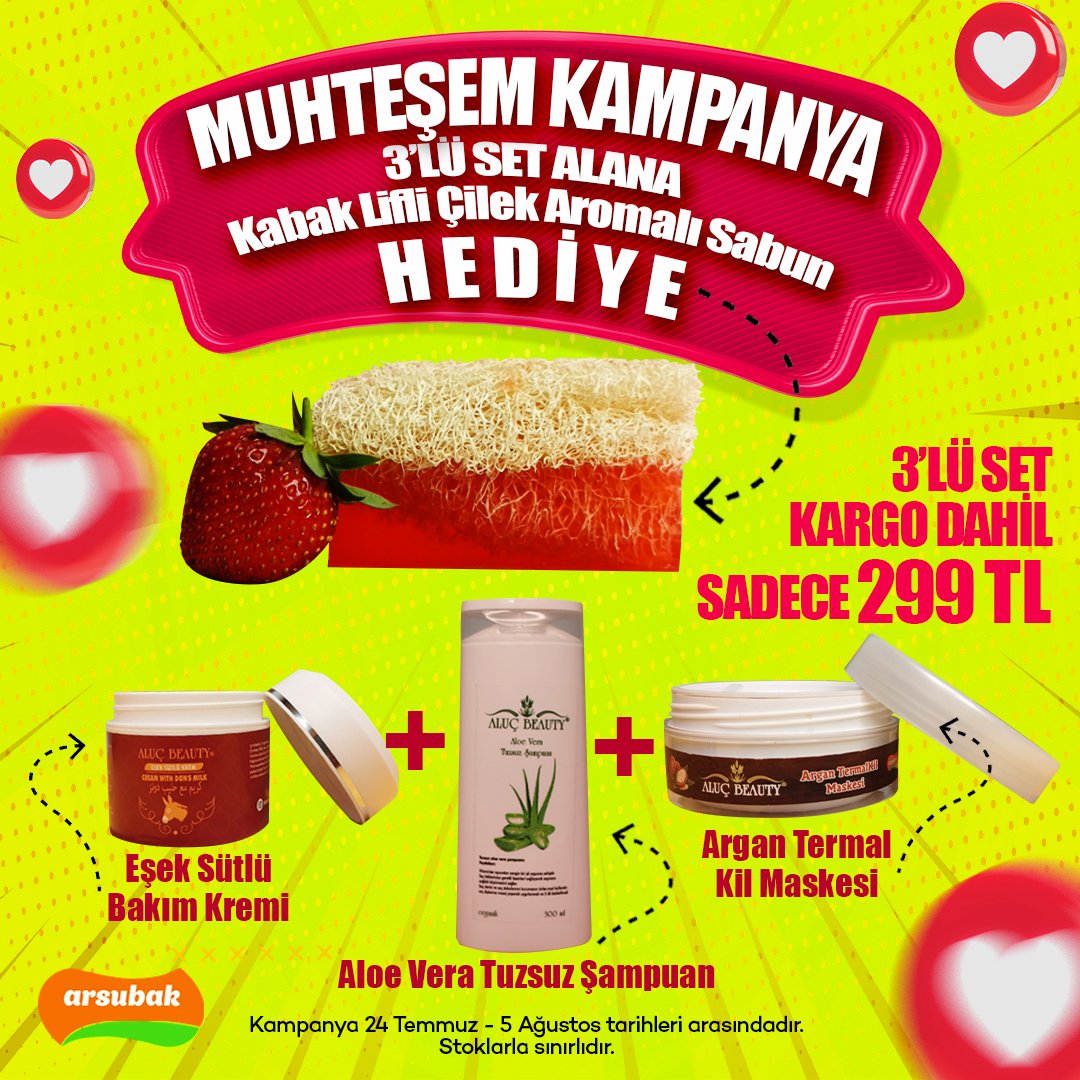 ArsubakT's tweet photo. Muhteşem Kampanya!

3'lü set alana Kabak Liftli Çilek Aromalı Doğal Sabun hediye 😍😍😍

0531 456 80 84 nolu WhatsApp hattımızdan uzmanlarımıza ulaşabilirsiniz, hemen sipariş verebilirsiniz😊

#arsubak #kampanya #promosyon #kozmetikkampanyası #kampanyavar #hediye https://t.co/SrVO63gz8i