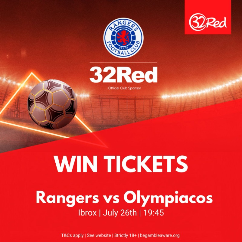 32Red's tweet photo. 📢 RANGERS FANS!

We're giving away two pairs of tickets to see #RangersFC vs Olympiacos on Wednesday 🎟️

For a chance to win, simply RT, follow and comment #32Red. Entry closes at 4pm on Tuesday. Winners picked at random

Best of luck! 🤞

T&amp;Cs apply | 🔞