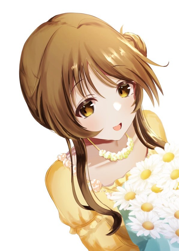 takamori aiko 1girl solo brown hair flower white background smile bouquet  illustration images