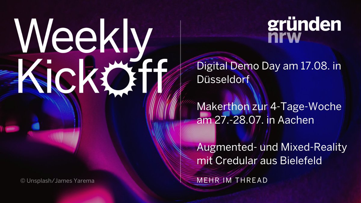 GruendenNRW's tweet image. Ihr wollt gut informiert in die Woche starten? Dann beginnt doch mit unserem #Weekly: Dieses Mal mit einem Ausblick auf den #DigitalDemoDay, einem #Makerthon zur Einführung der Viertagewoche und jeder Menge #Inspo aus der Welt der #Gründungen und #StartUps. Ein Thread (1/7)
