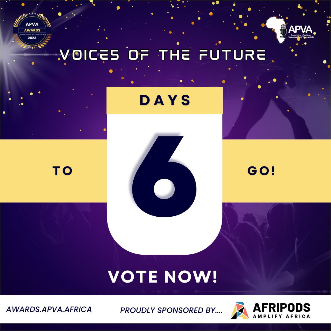 🎉 The countdown is on! Only 6 days to go!

📣 Don't miss this chance to support your favorites and make a difference. Click the link below and cast your votes now! 🏆

awards.apva.africa/vote-now/

#apva2023 #apvaawards #apva #apvanominess