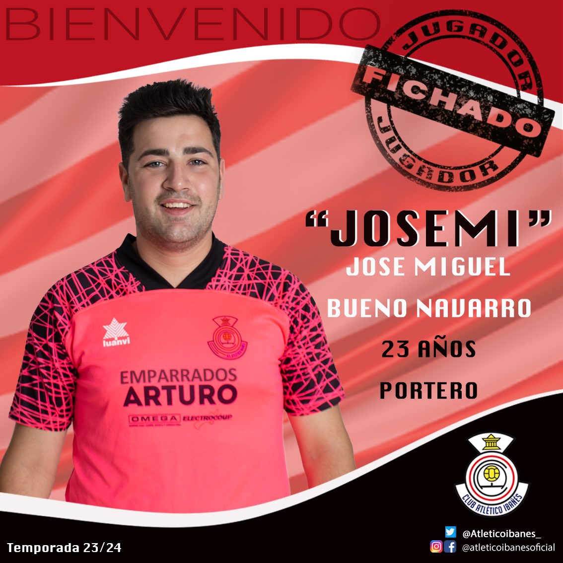 💥💥💥FICHADO💥💥💥

♦️ “Josemi”♦️
📂José Miguel Bueno Navarro  
📈23 años 
📌(Casas Ibañez)
⚽️Portero 
<a href="/Josemi74819953/">Josemi</a> 
Josemi viene a defender la elástica con su buen juego aéreo y con la ilusión de llevar el escudo del Ibañes como hizo en su día en la escuela de fútbol.