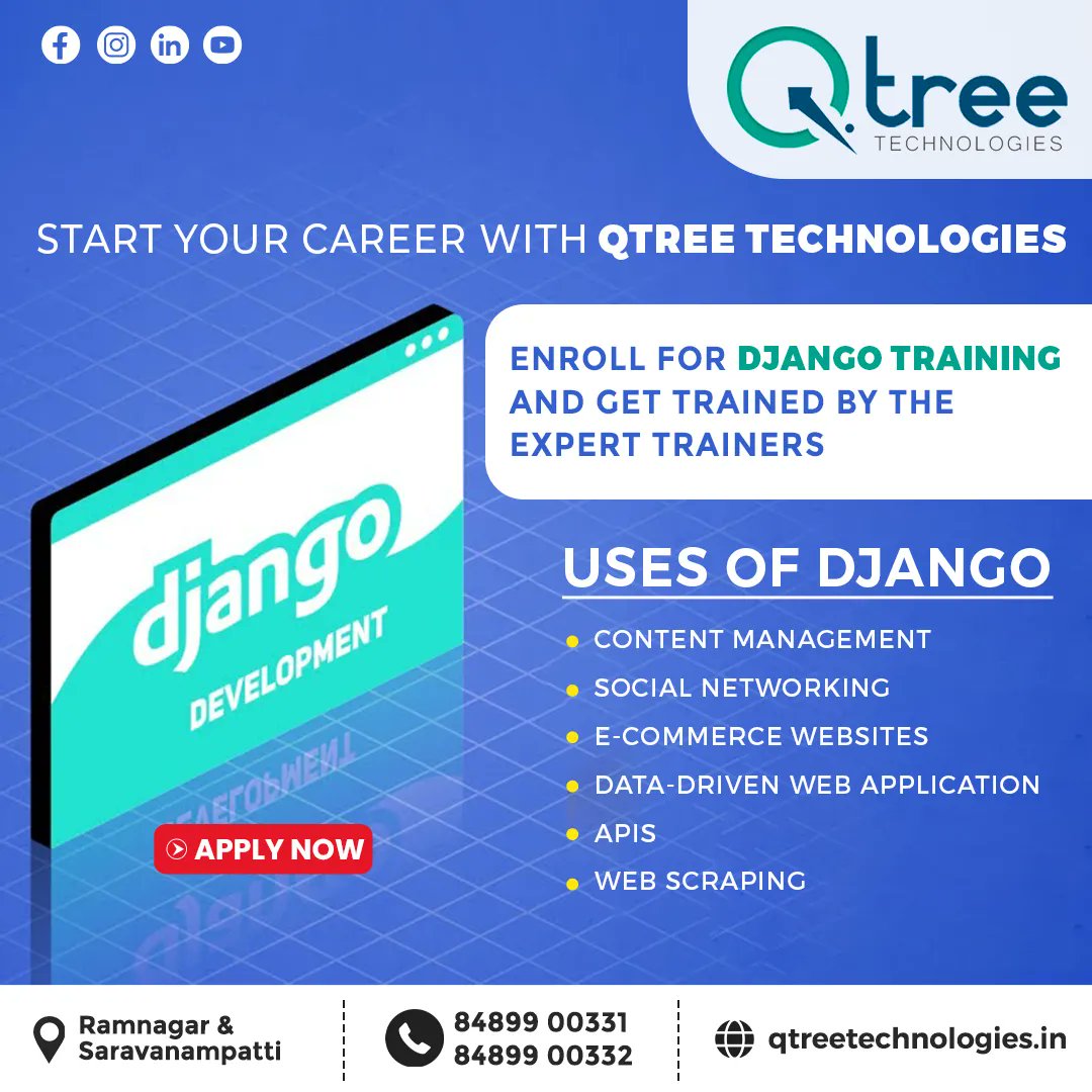 Qtreetech's tweet image. The Django course is designed to provide students with a comprehensive understanding of the Django web framework and its application in building robust and scalable web applications.  

Call us at 8489900331 or mail to info@qtreetechnologies.com 

#qtree #djangocourse #institute